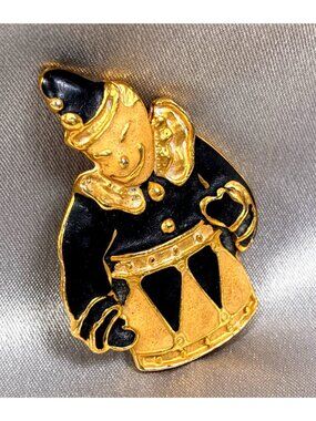 Vintage Two Sisters Clown Brooch Black Enamel Gold Tone Figural Pin Signed